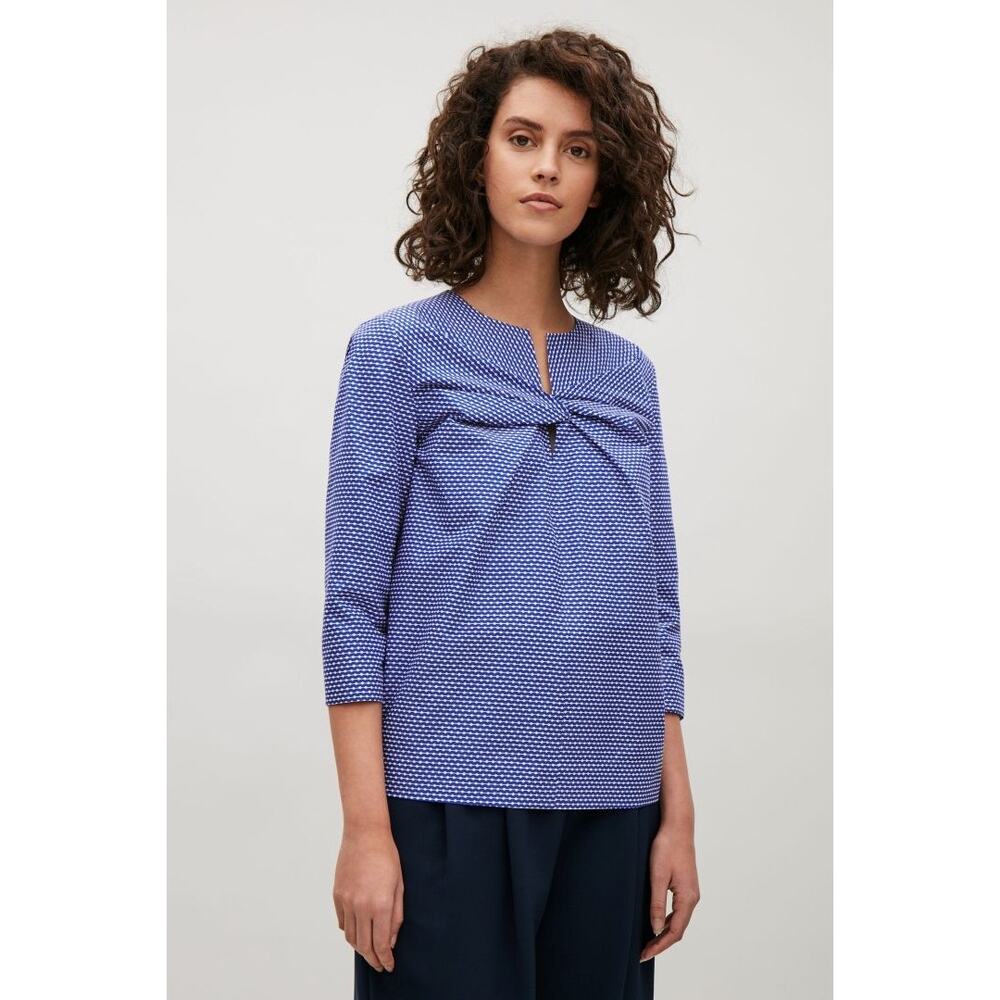 COS Twist Knot Patterned 3/4 Blouse Top Size 10 Blue White